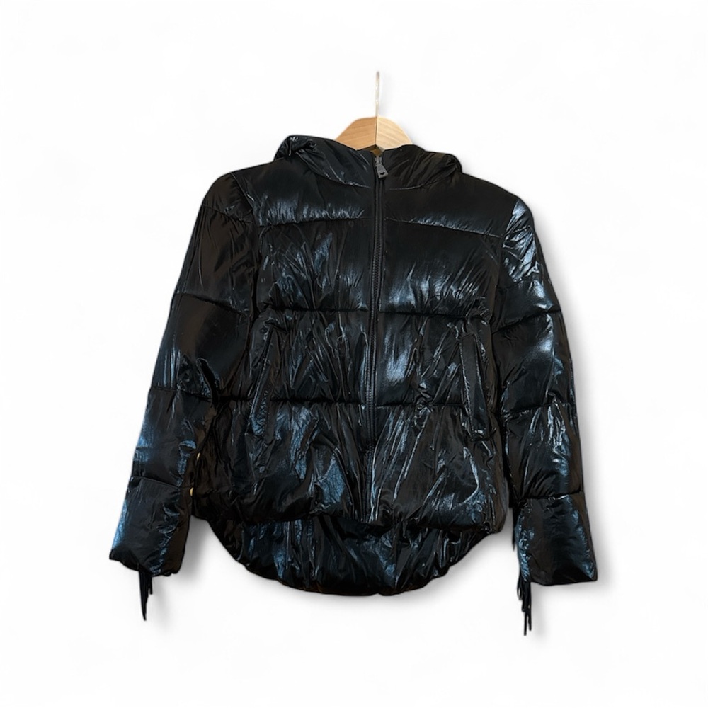 MonnaLisa Girls Shiny Black Puffer Jacket with fringe on sleeves - size 10-11
